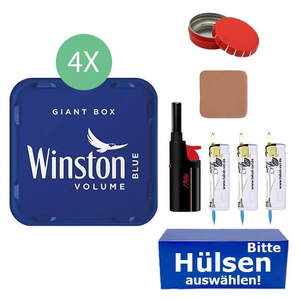 Winston Tabak Blue 4 x Giant Box mit wählbaren Hülsen und Stabfeuerzeug