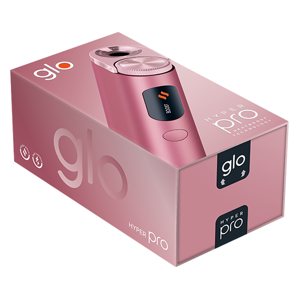 glo_hyper_pro_quartz_rose_devicekit_horizontal_plus_sticks Die Glo Hyper Pro in der Farbe Quartz Rose in Verpackung horizontal ausgerichtet im Aktionspack mit Sticks