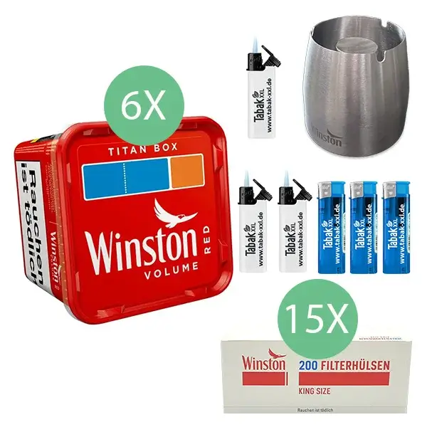 Winston Volumentabak Red 6 x Titan Box mit 3000 King Size Filterhülsen 