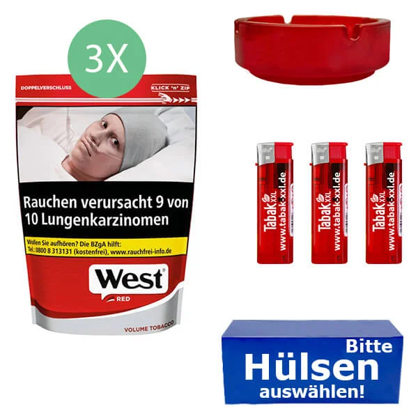 West Tabak Red Beutel mit Hülsen und Glasaschenbecher