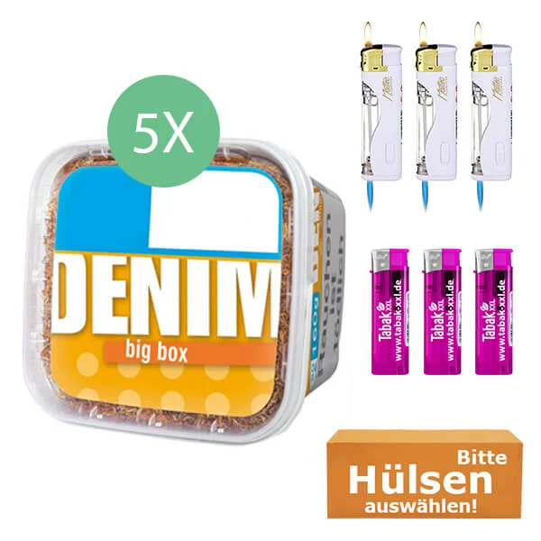 Denim Tabak 5 x Big Box mit wählbaren Hülsen und Led Feuerzeugen Denim Tabak 5 x Big Box mit wählbaren Hülsen und Led Feuerzeugen