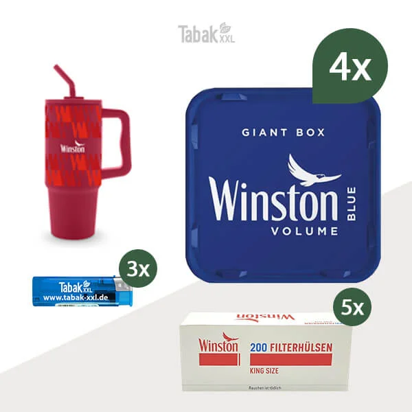 4x Winston Volumentabak Blue Giant Box mit 1000 King Size Filterhülsen und Trinkbecher