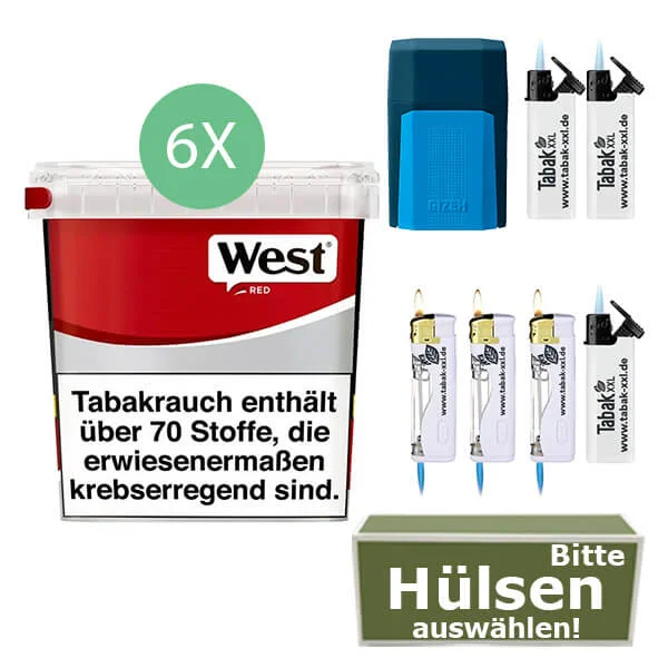 West Tabak Red 6 x Giga Box mit wählbaren Hülsen und Etui West Tabak Red 6 x Giga Box mit wählbaren Hülsen und Etui