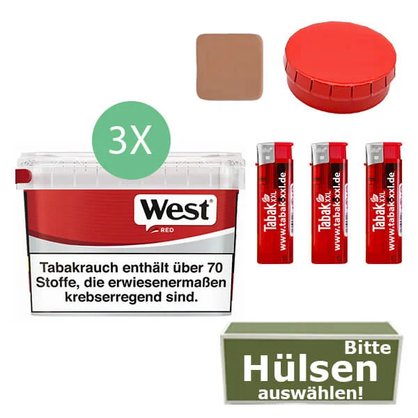 West Tabak Red 3 x Mega Box mit wählbaren Hülsen und Aschenbecher West Tabak Red 3 x Mega Box mit wählbaren Hülsen und Aschenbecher