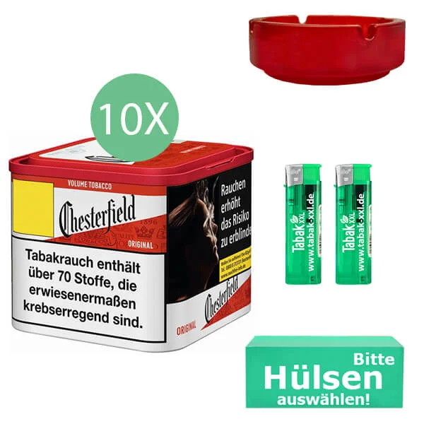 Chesterfield Tabak Red 10 x Dose mit wählbaren Hülsen und Glasaschenbecher Chesterfield Tabak Red 10 x Dose mit wählbaren Hülsen und Glasaschenbecher
