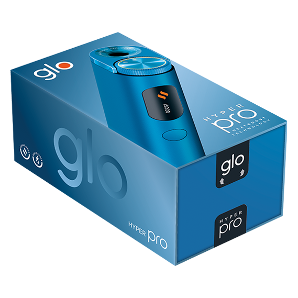Die Glo Hyper Pro in der Farbe Lapis Blue in Verpackung horizontal ausgerichtet im Aktionspack mit Sticks