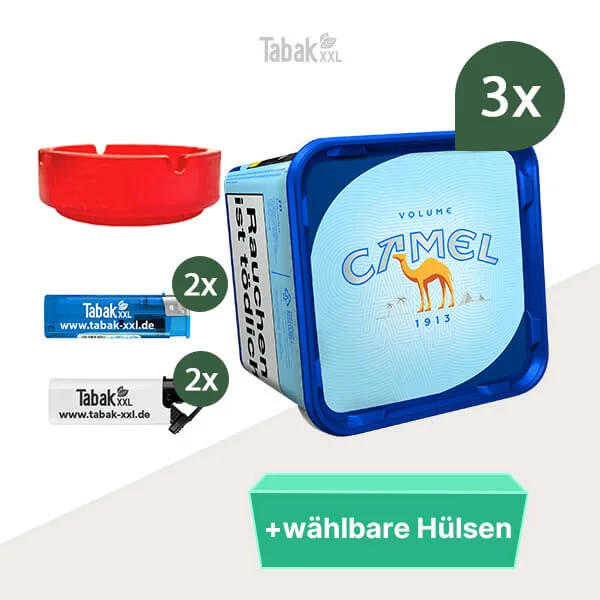 3x Camel Volumentabak Blue Eimer mit wählbaren Hülsen und Glasaschenbecher
