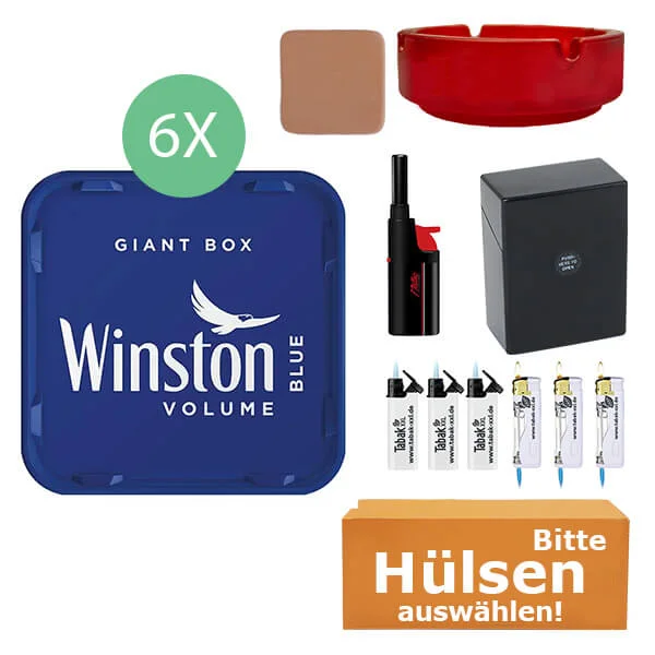 Winston Tabak Blue 6 x Giant Box mit wählbaren Hülsen und Stabfeuerzeug