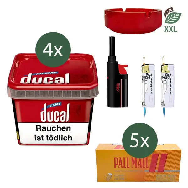 Ducal Volumentabak Red 4 x Eimer mit 1000 Extra Size Filterhülsen und Glasaschenbecher 