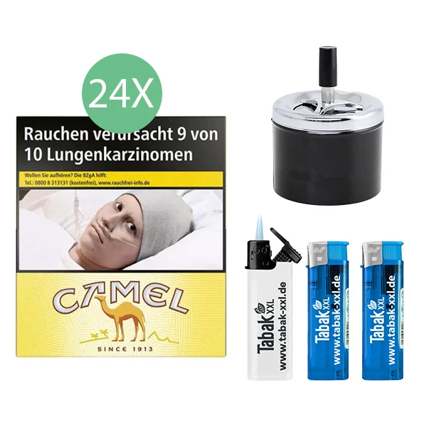 24x camel zigaretten yellow big pack xxl 2x elektro feuerzeuge 1x sturmfeuerzeug 1x aschenbecher