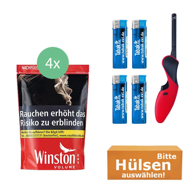 Winston Tabak Red XXXL 4 x Beutel mit wählbaren Hülsen und BBQ Feuerzeug