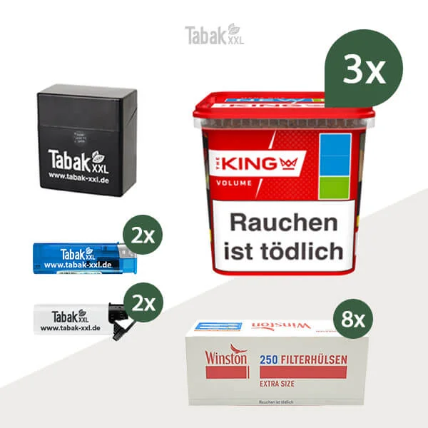 3x King Volumentabak Red Mega-Box mit 2000 Extra Size Hülsen und Etui