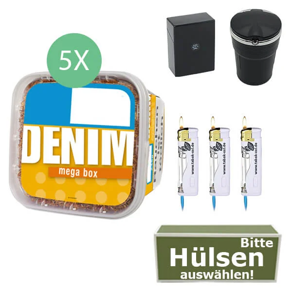 Denim Tabak 5 x Mega Box mit wählbaren Hülsen und Etui Denim Tabak 5 x Mega Box mit wählbaren Hülsen und Etui