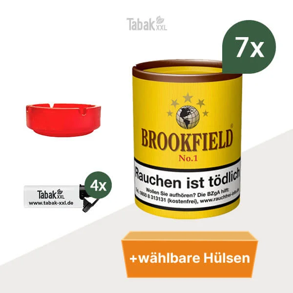7x Brookfield Pfeifentabak No.1 Dose mit wählbaren Hülsen und Glasaschenbecher