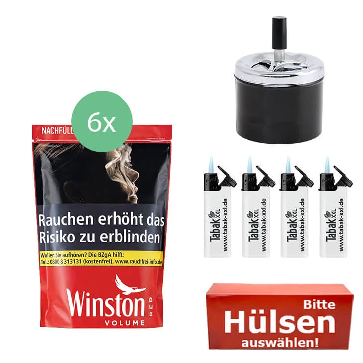 Winston Tabak Red XXXL 6 x Beutel mit wählbaren Hülsen und Aschenbecher