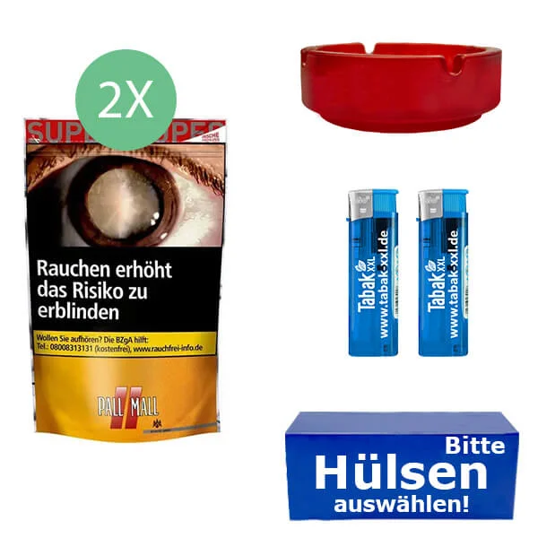 2x_pall_mall_super_beutel_hulsen_und_glasaschenbecher 2 x Pall Mall Super Beutel mit Glasaschenbecher