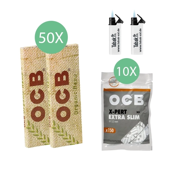 50x-ocb-blaettchen-organic-hemp-50-blatt-+-10x-ocb-x-pert-extra-slim-filter-+-2x-sturmfeuerzeuge