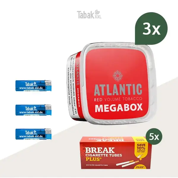 3x Atlantic Volumentabak Red Megabox mit 1000 Plus Hülsen und Feuerzeugen 3x Atlantic Volumentabak Red Megabox mit 1000 Plus Hülsen und Feuerzeugen