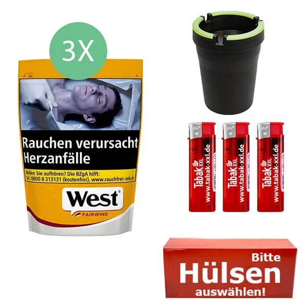 West Tabak Yellow L 3 x Beutel mit wählbaren Hülsen und Auto Aschenbecher West Tabak Yellow L 3 x Beutel mit wählbaren Hülsen und Auto Aschenbecher