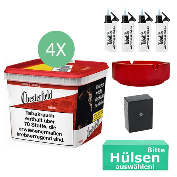 Chesterfield Tabak Red 4 x Giga Box mit wählbaren Hülsen und Etui Chesterfield Tabak Red 4 x Giga Box mit wählbaren Hülsen und Etui