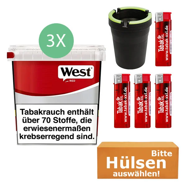 West Tabak Red 3 x Giga Box mit wählbaren Hülsen und Aschenbecher West Tabak Red 3 x Giga Box mit wählbaren Hülsen und Aschenbecher