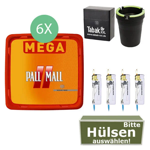 Pall Mall Tabak 6 x Mega Box mit wählbaren Hülsen und Etui Pall Mall Tabak 6 x Mega Box mit wählbaren Hülsen und Etui