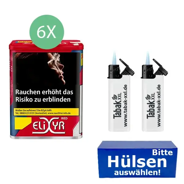 Elixyr Tabak Red 6 x Dose mit wählbaren Hülsen und Sturmfeuerzeugen Elixyr Tabak Red 6 x Dose mit wählbaren Hülsen und Sturmfeuerzeugen