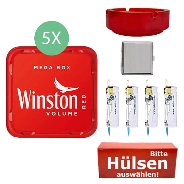 Winston Tabak Red 5 x Mega Box mit wählbaren Hülsen und Glasaschenbecher