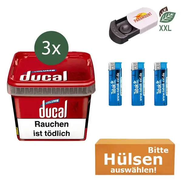 Ducal Volumentabak Red 3 x Eimer mit wählbarem Zubehör und Taschenaschenbecher