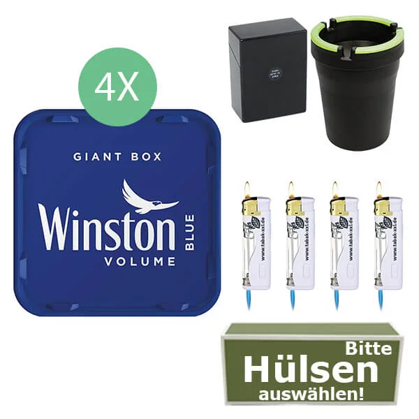 Winston Tabak Blue 4 x Giant Box mit wählbaren Hülsen und Auto Aschenbecher