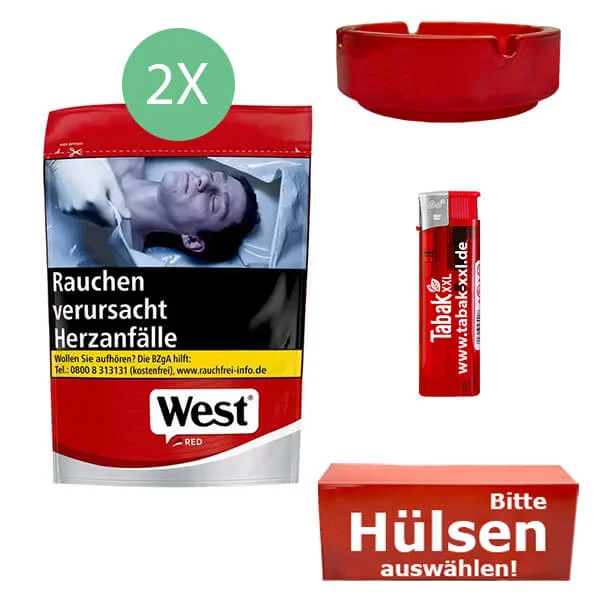 West Tabak Red L 2 x Beutel mit Hülsen und Glasaschenbecher