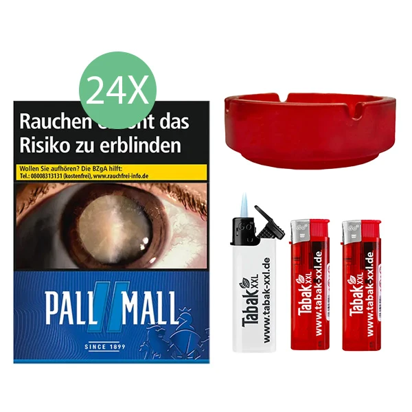 24x Pall Mall Zigaretten Blue Giga + 2x Elektro-Feuerzeuge + 1x Sturmfeuerzeug + 1x Aschenbecher