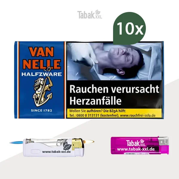 10x Van Nelle Drehtabak Halfzware Pouch mit Feuerzeugen