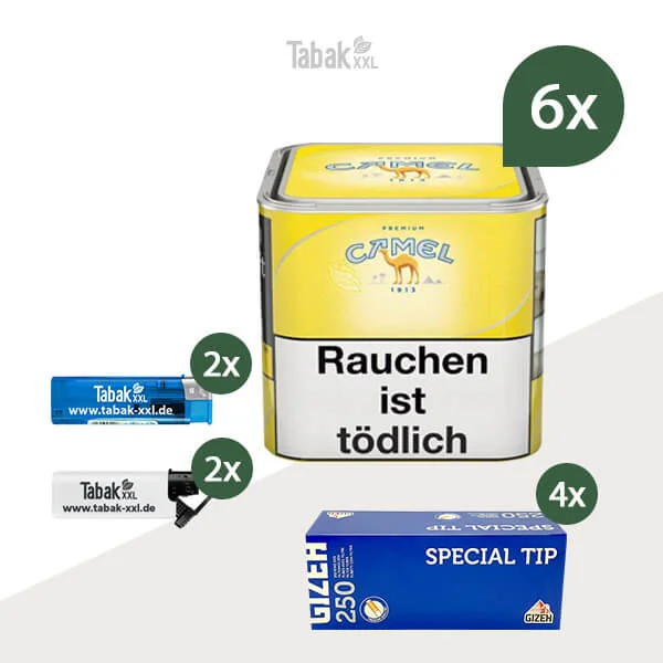 6x Camel Yellow Premium Zigarettentabak Dose mit Gizeh Hülsen