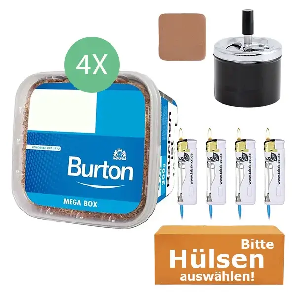 Burton Tabak Blue 4 x Mega Box mit wählbaren Hülsen und Aschenbecher Burton Tabak Blue 4 x Mega Box mit wählbaren Hülsen und Aschenbecher