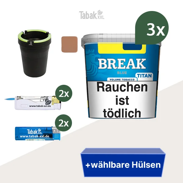 3x Break Volumentabak Blue Titan Box mit wählbaren Hülsen und Auto-Aschenbecher 3x Break Volumentabak Blue Titan Box mit wählbaren Hülsen und Auto-Aschenbecher