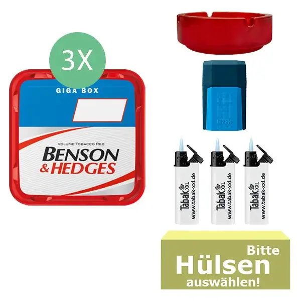 Benson & Hedges Tabak 3 x Giga Box mit Hülsen und Glasaschenbecher