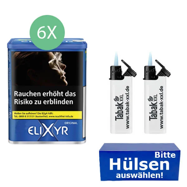 Elixyr Tabak Blue 6 x Dose mit Wählbaren Hülsen und Sturmfeuerzeugen Elixyr Tabak Blue 6 x Dose mit Wählbaren Hülsen und Sturmfeuerzeugen