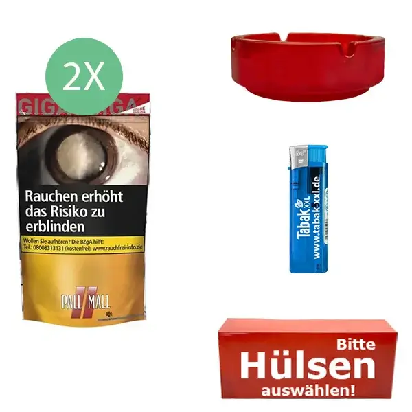Pall Mall Tabak 2 x Beutel mit wählbaren Hülsen und Aschenbecher Pall Mall Tabak 2 x Beutel mit wählbaren Hülsen und Aschenbecher