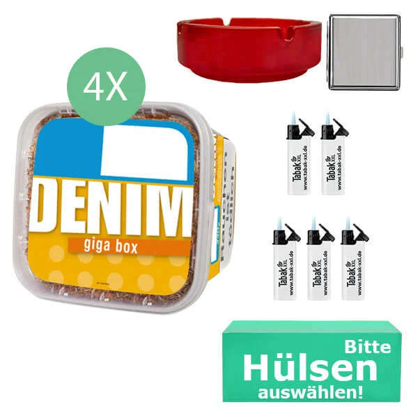 Denim Tabak 4 x Giga Box mit wählbaren Hülsen und Metall Etui Denim Tabak 4 x Giga Box mit wählbaren Hülsen und Metall Etui