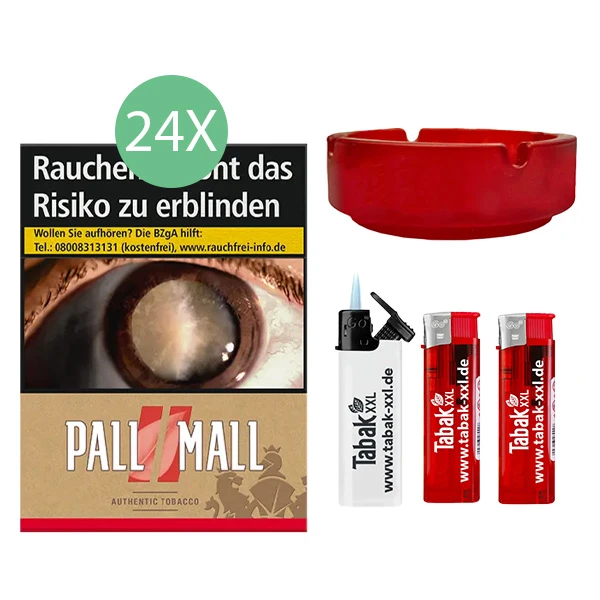 24x Pall Mall Zigaretten Authentic Red Giga + 2x Elektro-Feuerzeuge + 1x Sturmfeuerzeug + 1x Aschenbecher