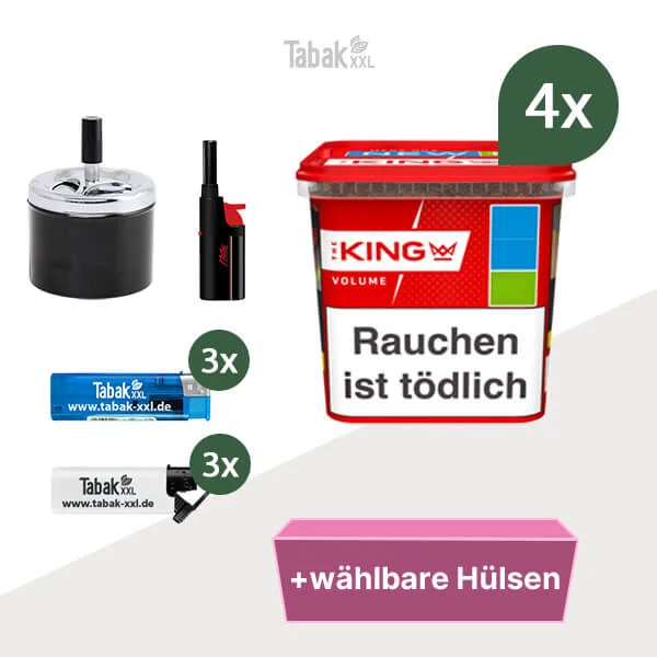 4x King Volumentabak Red Mega-Box mit wählbaren Hülsen und Drehaschenbecher