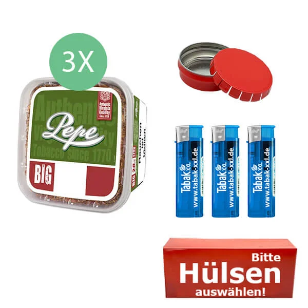 Pepe Tabak Rich Green 3 x Eimer mit wählbaren Hülsen und Mini Aschenbecher Pepe Tabak Rich Green 3 x Eimer mit wählbaren Hülsen und Mini Aschenbecher