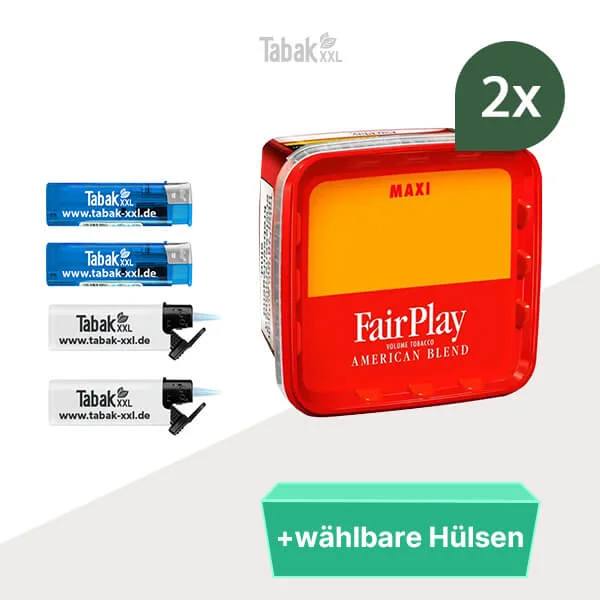 2x FairPlay Volumentabak Maxi Box mit wählbaren Hülsen und Feuerzeugen