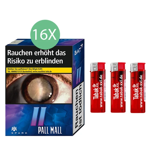 16x Pall Mall Zigaretten Spark Giga + 3x Elektro-Feuerzeuge