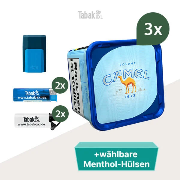 3x Camel Volumentabak Blue Eimer mit wählbaren Menthol Hülsen 3x Camel Volumentabak Blue Eimer mit wählbaren Menthol Hülsen