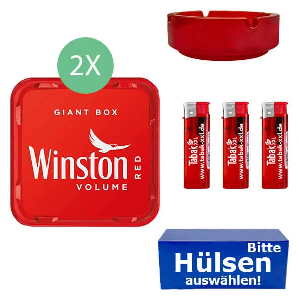 Winston Tabak Red 2 x Giant Box mit wählbaren Hülsen und Glasaschenbecher