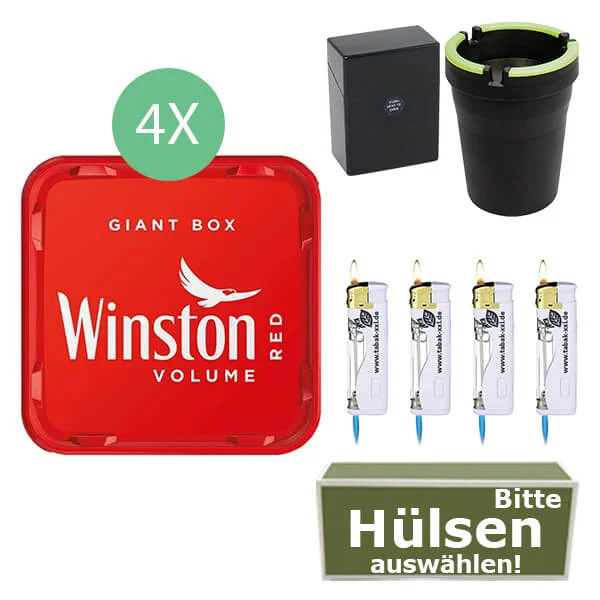 Winston Tabak Red 4 x Giant Box mit wählbaren Hülsen und Auto Aschenbecher