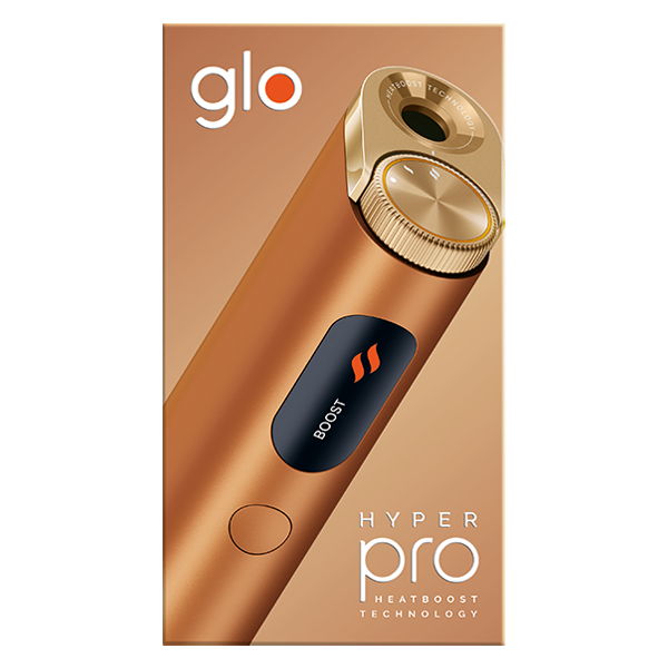 glo_hyper_pro_amber_bronze_devicekit_plus_sticks Die Glo Hyper Pro in der Farbe Amber Bronze in Verpackung im Aktionspack mit Sticks