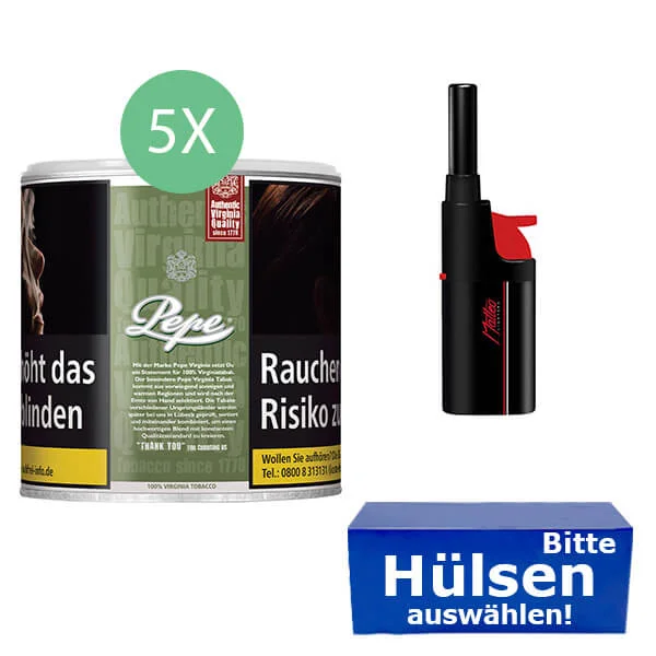 pepe_wahlbaren_hulsen_und_stablerfeuerzeug_dose 5 x Pepe Rich Green mit Filterhülsen